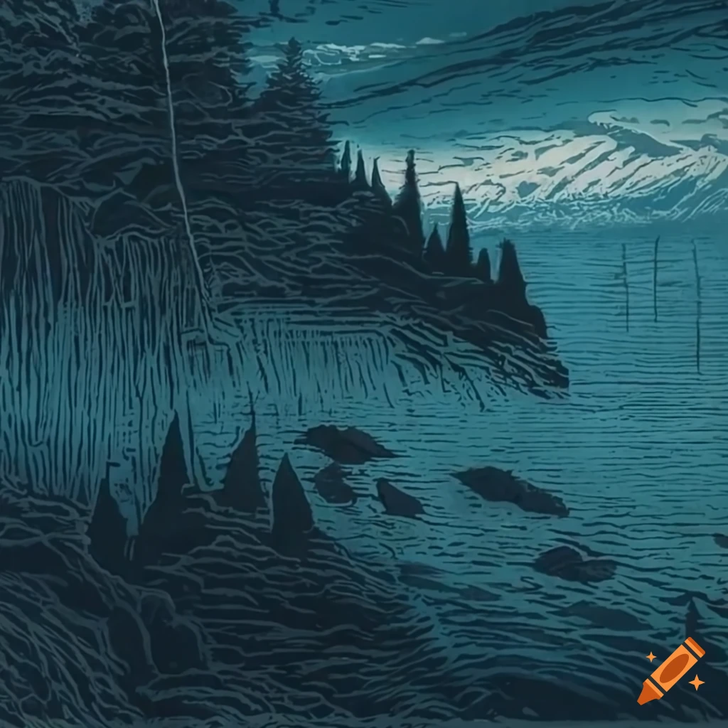 Detailed linocut illustration of surreal landscape at sunrise on Craiyon