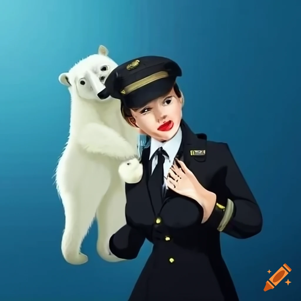 polar bear being trained by a woman in a pilot uniform