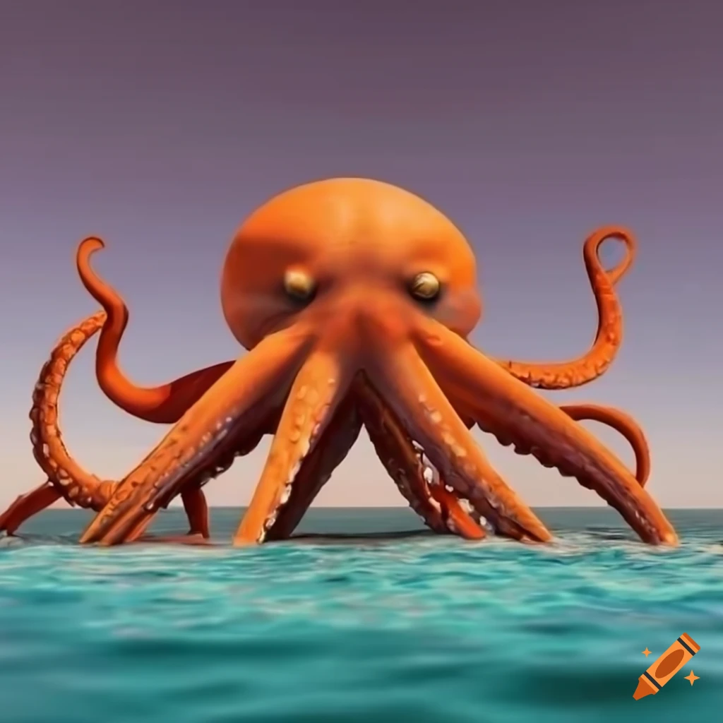 3D rendering of a giant orange kraken at the beach