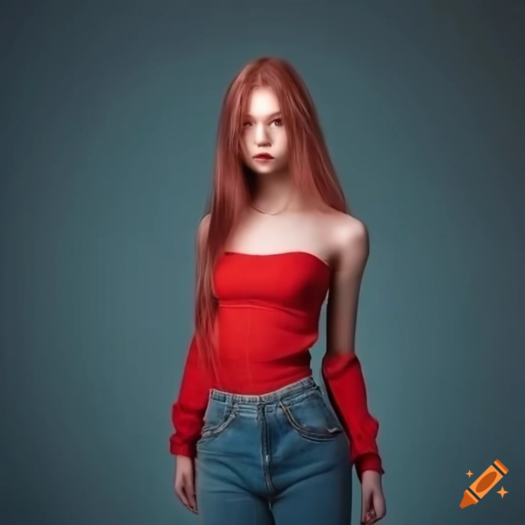 Hyper realistic painting of a girl in red bell top and blue jeans on ...