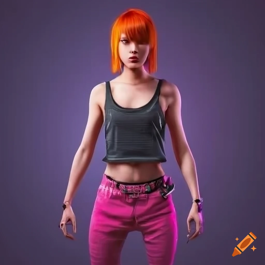 cyberpunk woman with orange hair and pink racerback tank top