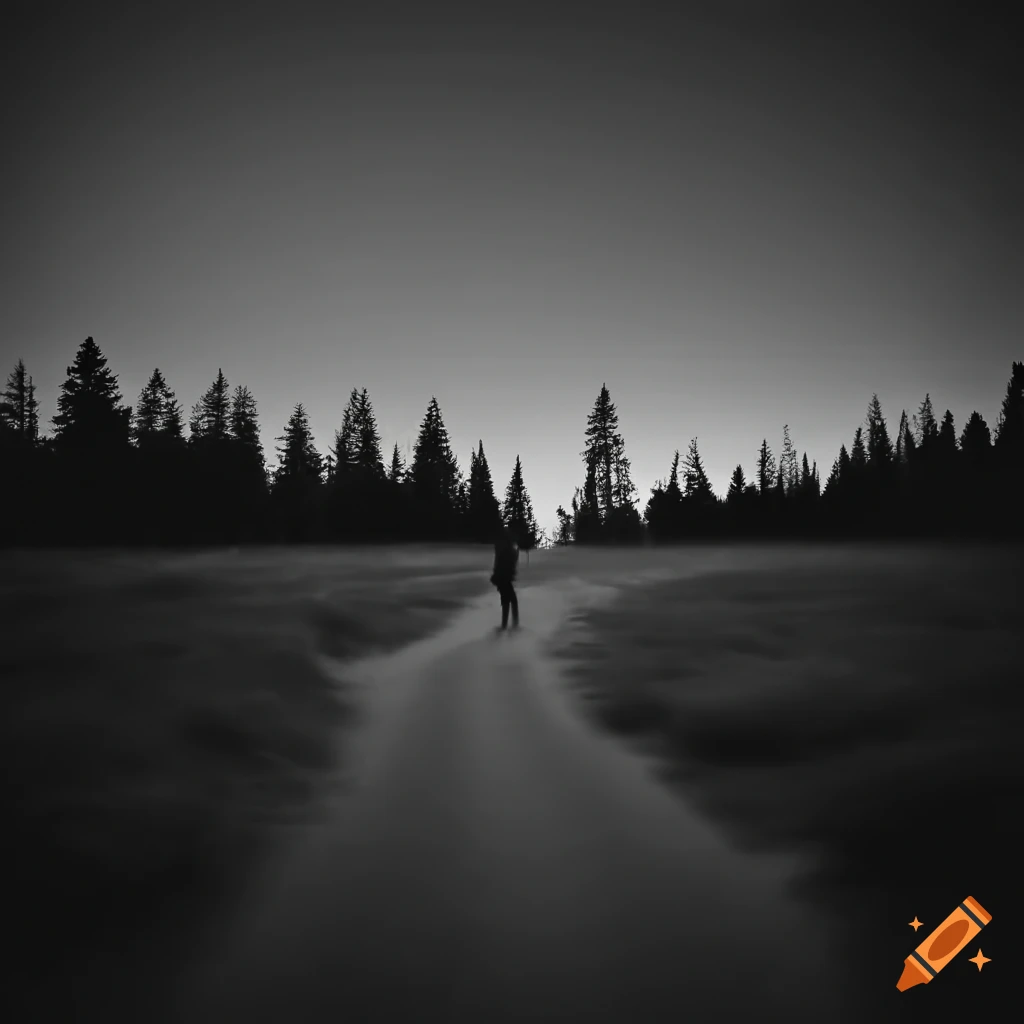 black and white photo of a person walking in a lonely landscape