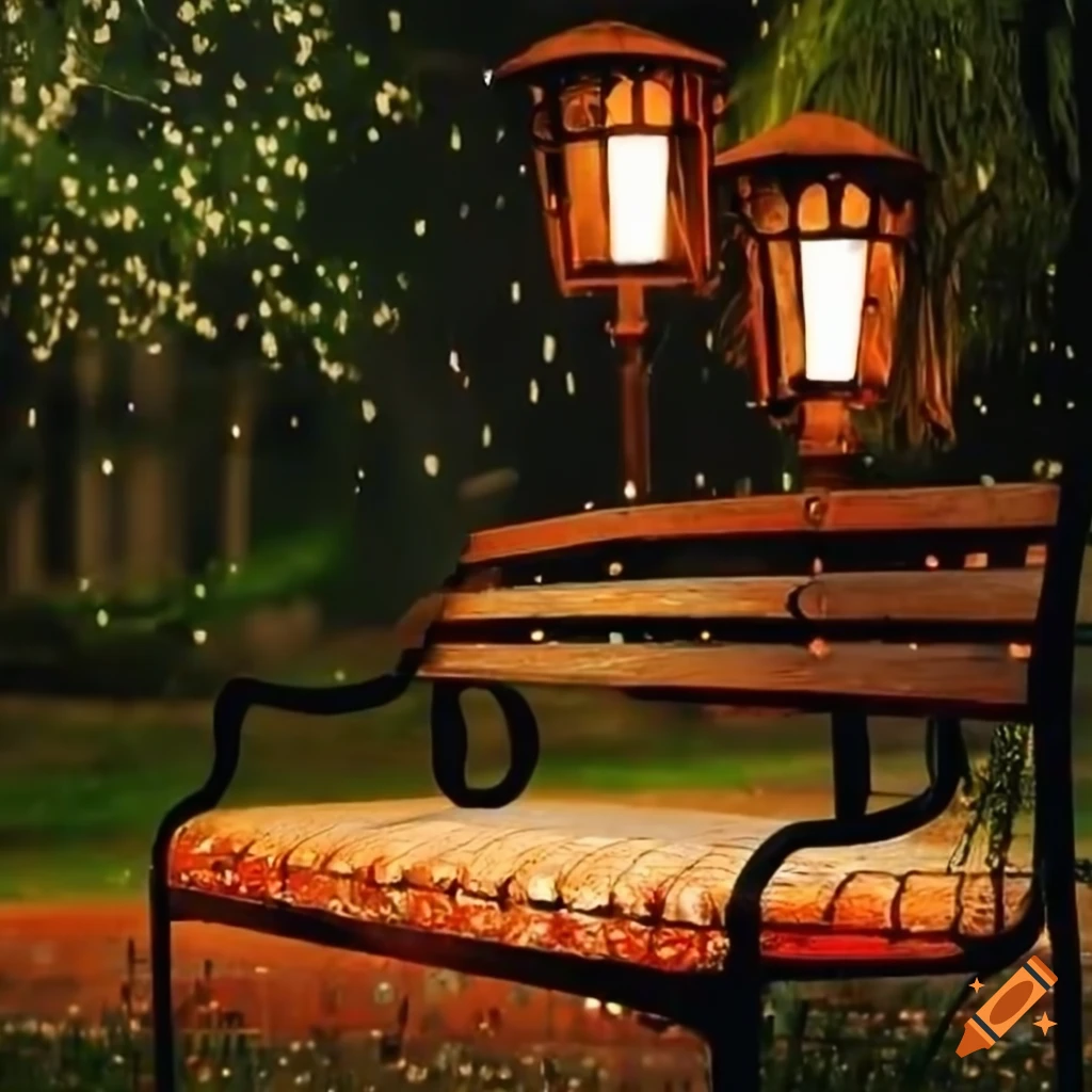 night scene in a park with a bench and lantern