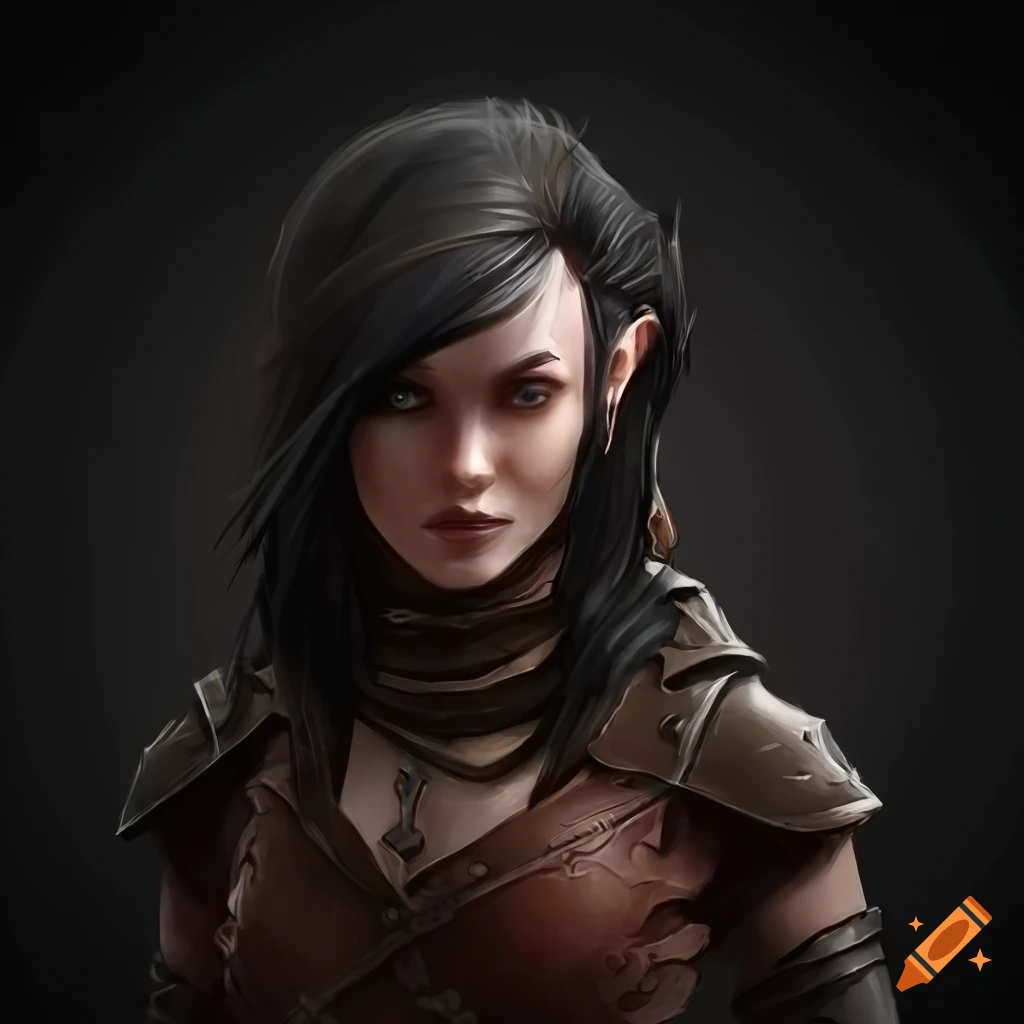 Illustration of a female adventurer with black hair and leather outfit
