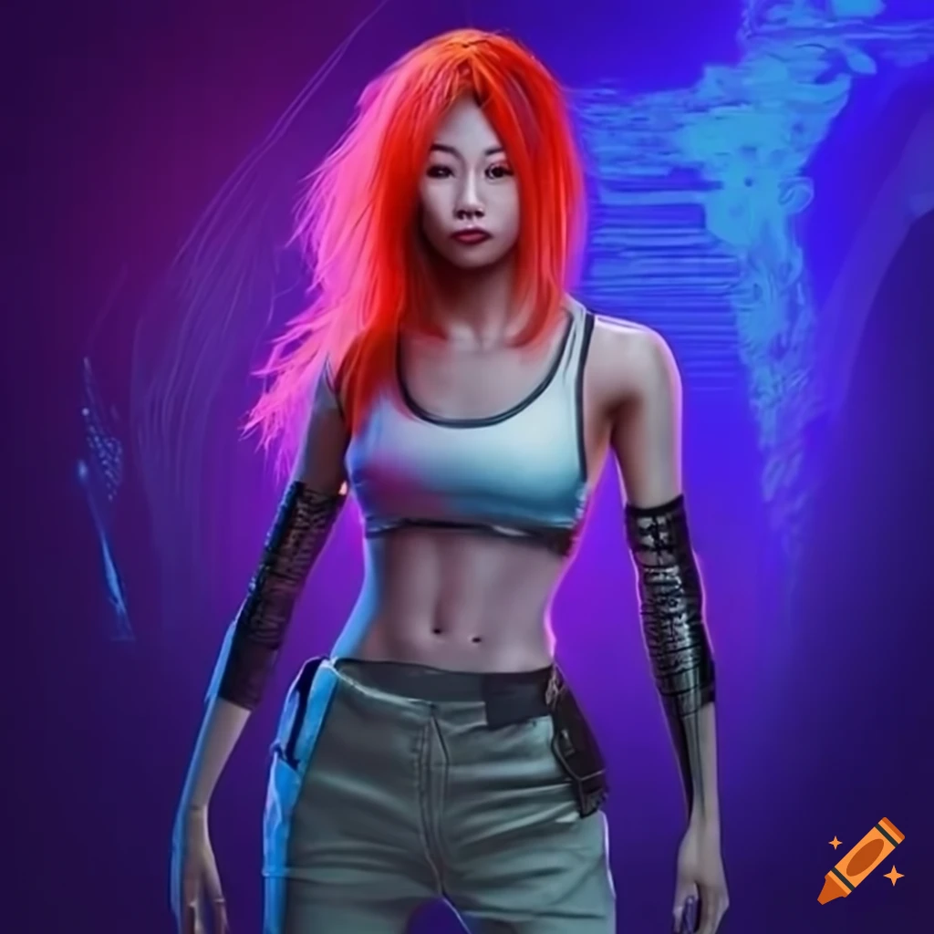 KREA - Portrait of a beautiful cyberpunk android, red lipstick, fluorescent pink  face paint, bright orange hair, metallic cyan bodysuit