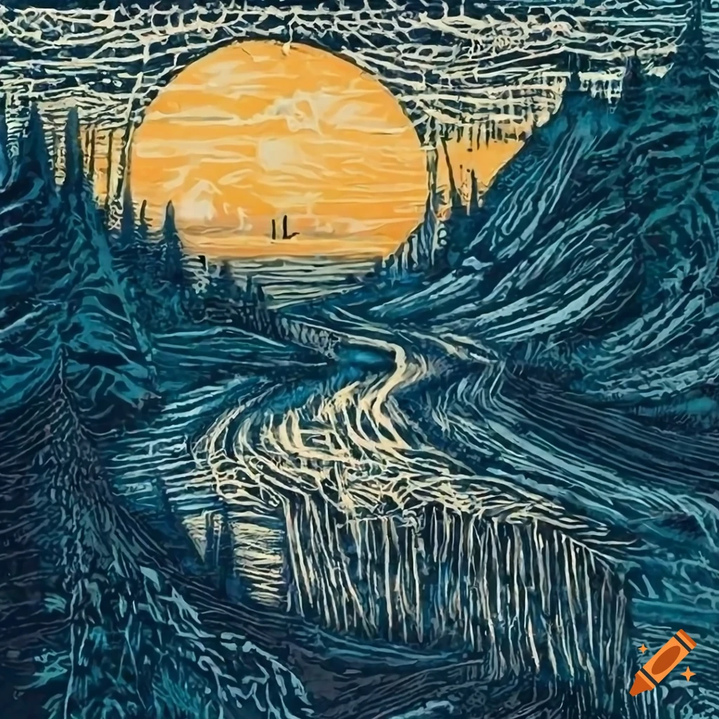 Linocut illustration of a surreal landscape at sunrise