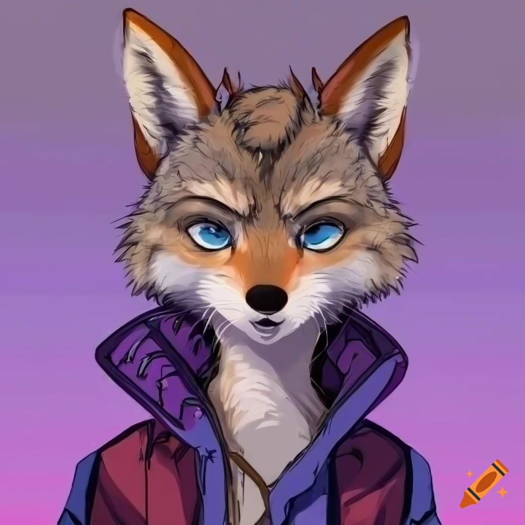 anthropomorphic coyote with blue eyes in a jacket