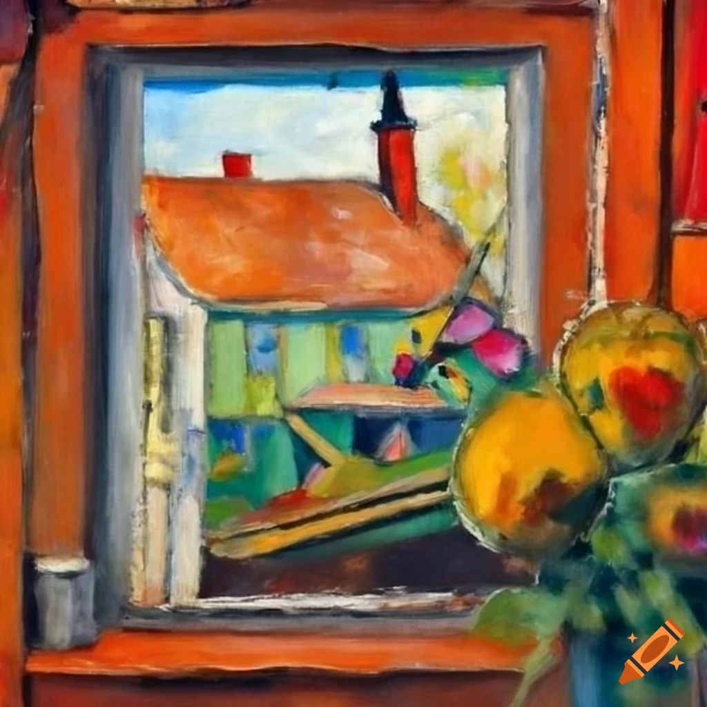 oil painting of flowers on a window with a small village in the background