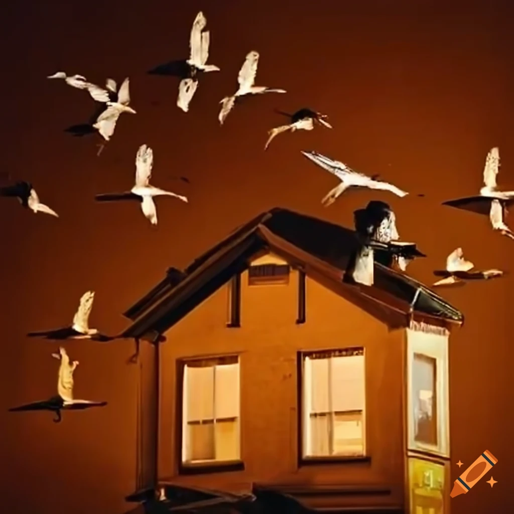 Robot birds flying around a house on Craiyon