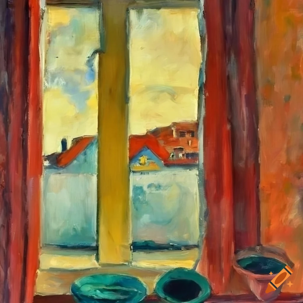 yellow and red oil painting of a window with flower vases