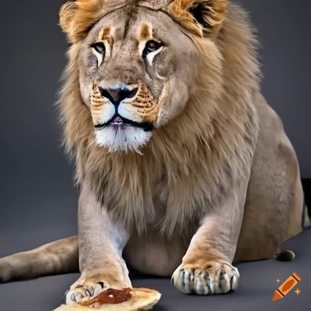 realistic illustration of a lion enjoying pancakes
