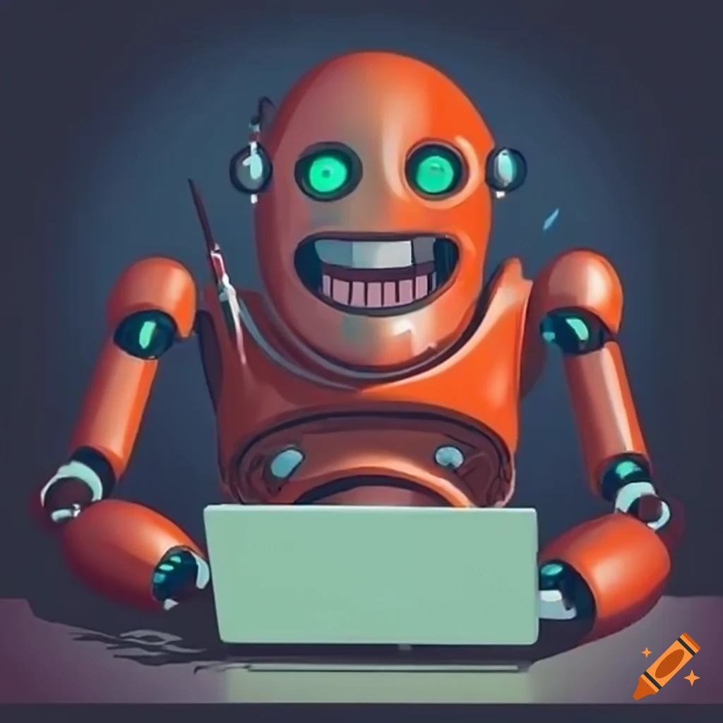 Copper and brass robot typing on a laptop on craiyon