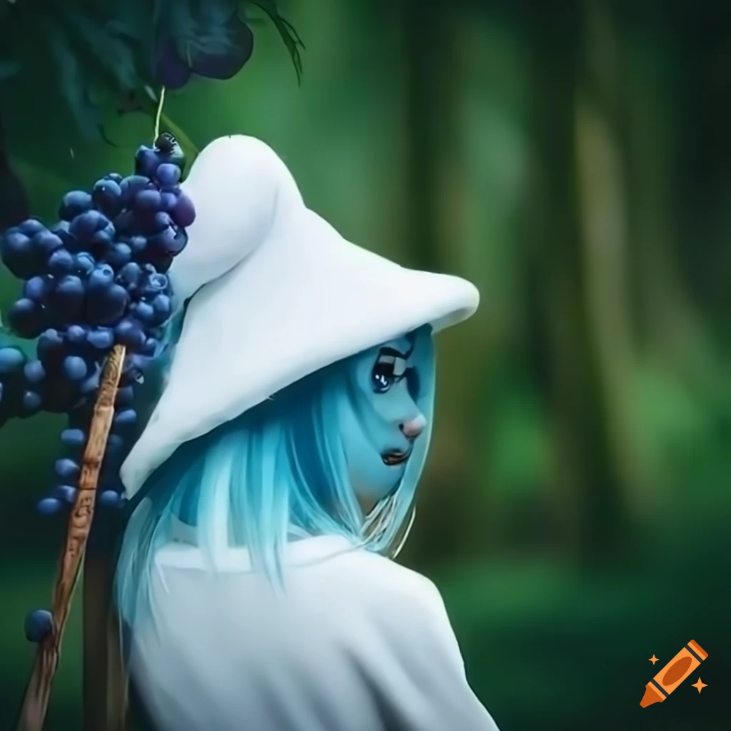 side view of an adorable blue-skinned catgirl with a unique hat and clothing