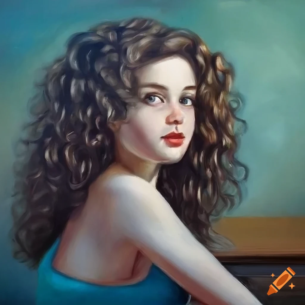 Oil painting of a young celebrity woman with long curly hair on Craiyon