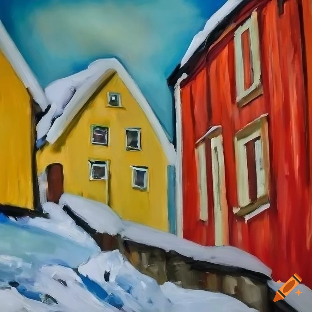 vibrant oil painting of a winter village in Modigliani style