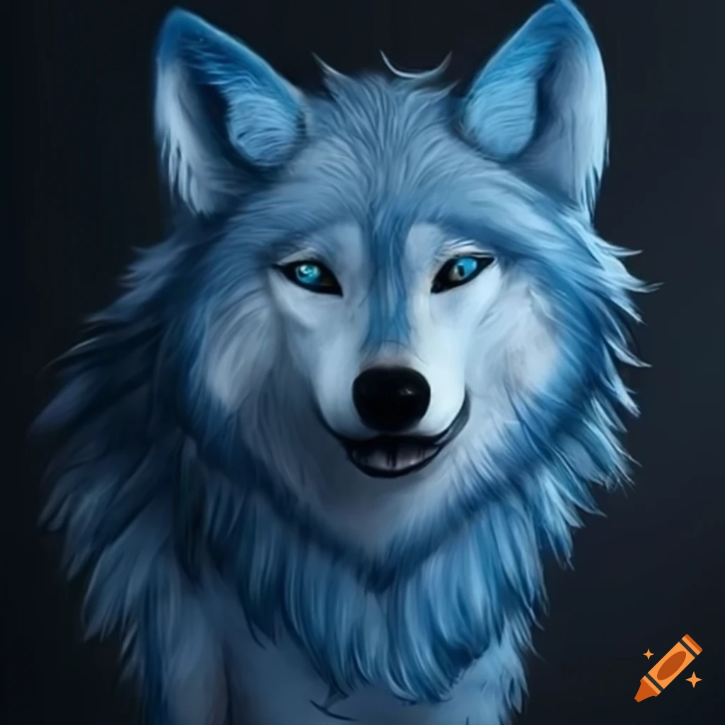 Blue realistic wolf with vibrant hair in the night on Craiyon
