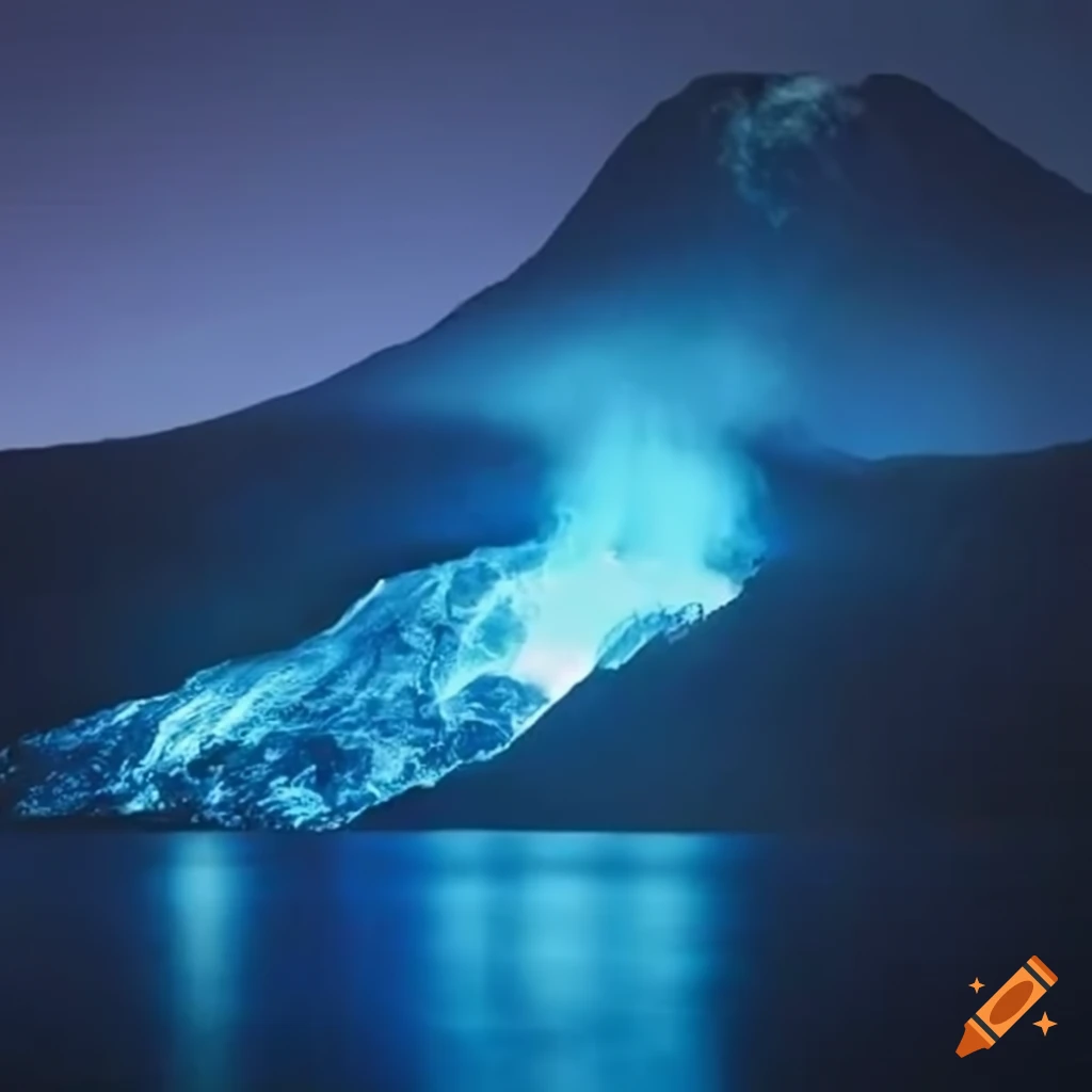 Volcano erupting with blue fire over an island on Craiyon