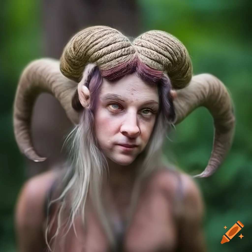 Knitted faun with muflon horns in a forest on Craiyon