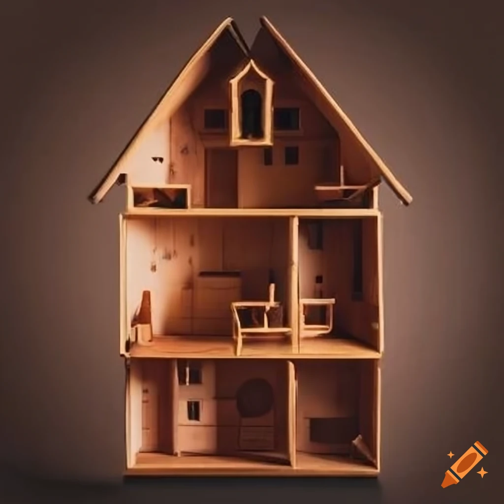 symmetrical interior of a brown dollhouse