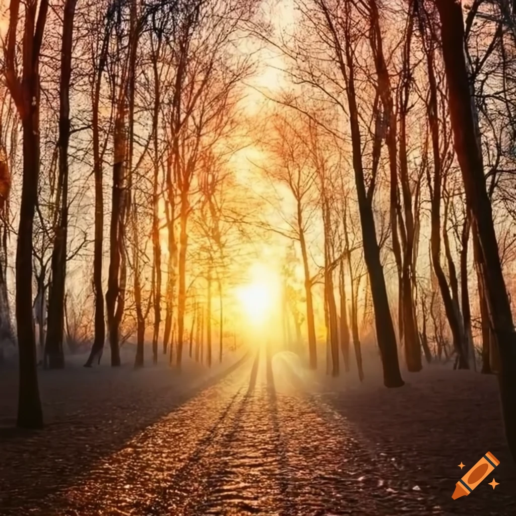 sunset on a forest path with the sun on the horizon