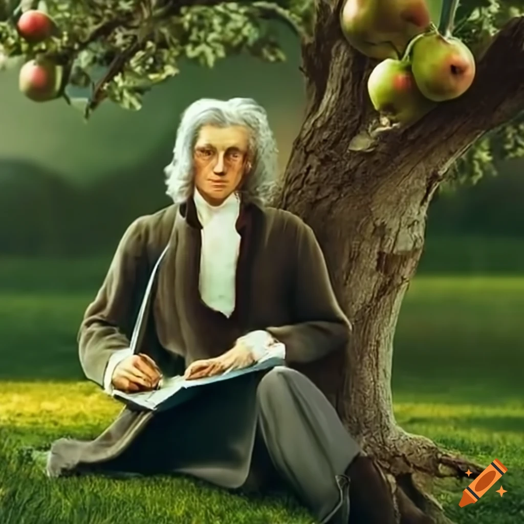 Isaac newton sitting under an apple tree and writing in a notebook on ...