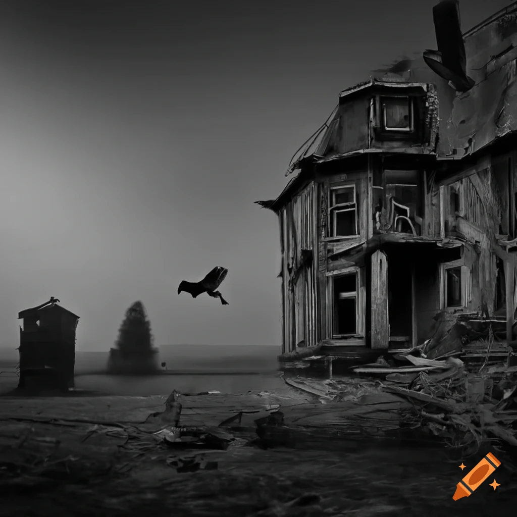 image of robotic birds around a desolate house