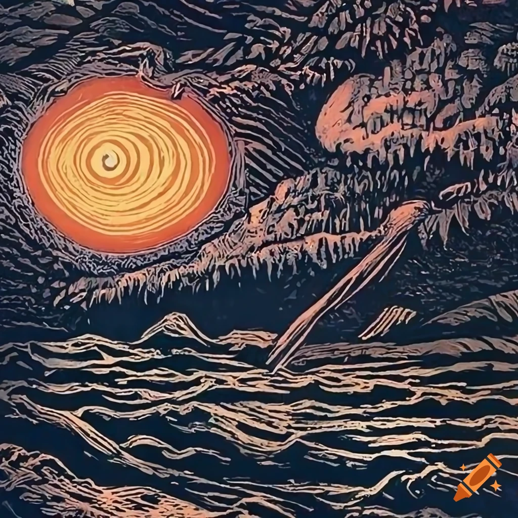 linocut illustration of a surreal landscape at sunrise