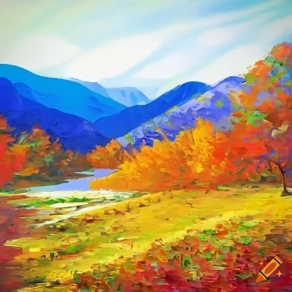 Oil painting of autumn landscape with river and mountains on Craiyon