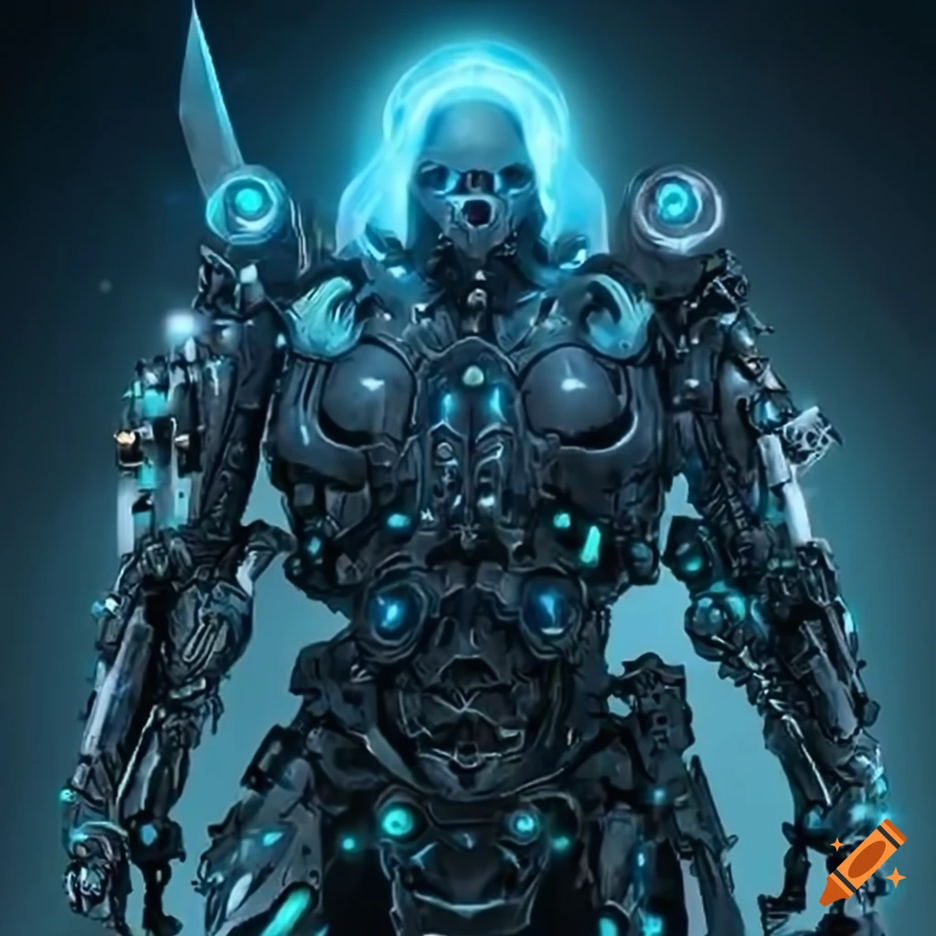 image of a cybernetic swordsman with glowing blue eyes
