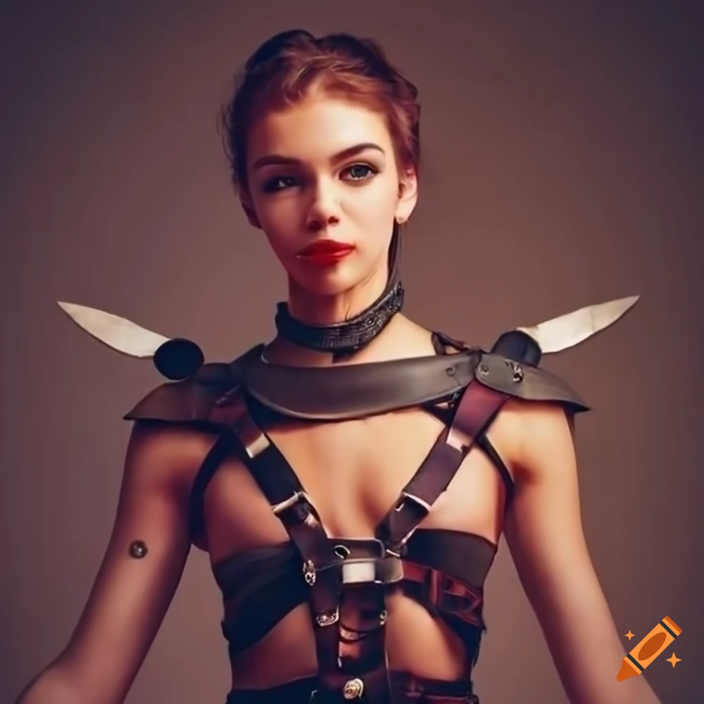 Close up of a young female warrior in leather body harness
