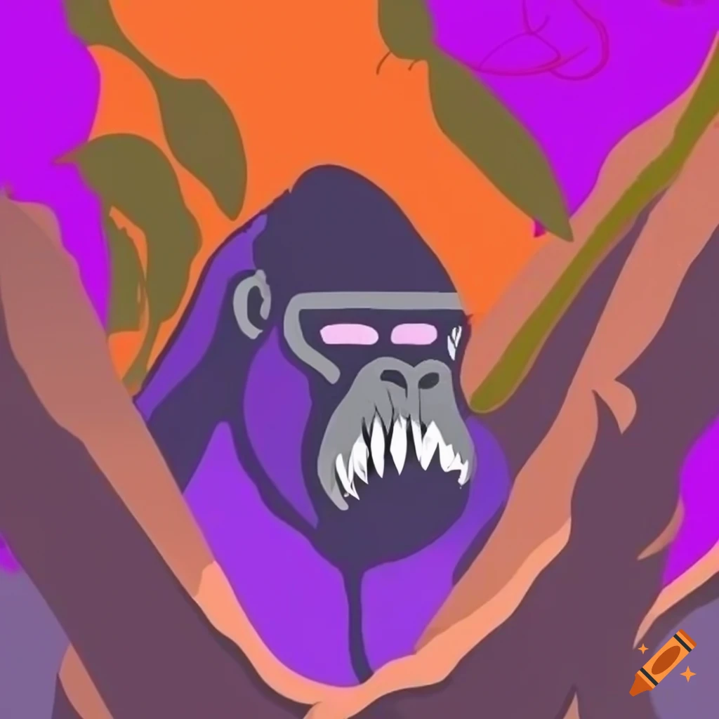 Logo with purple, orange, and grey colors, letters yg, gorilla hanging on y, and green vine around g