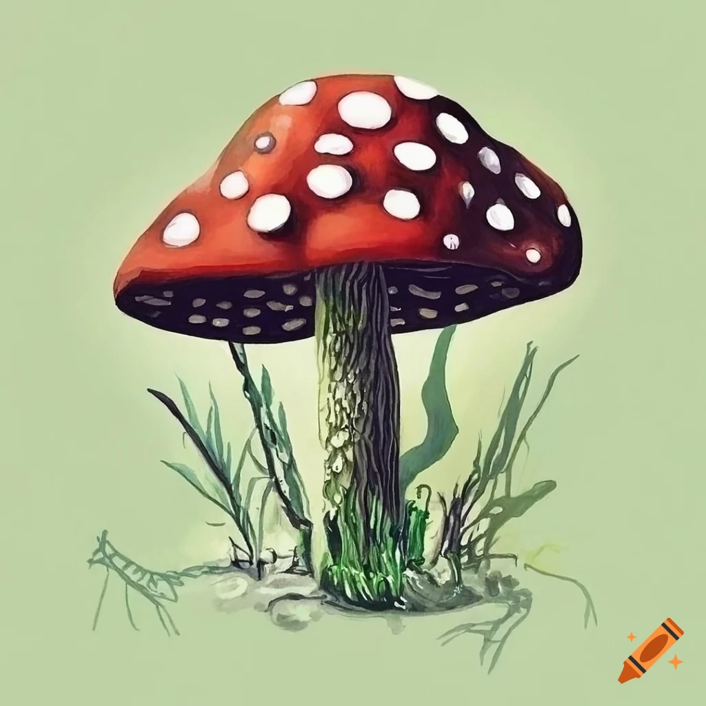 drawing of a green mushroom in the forest
