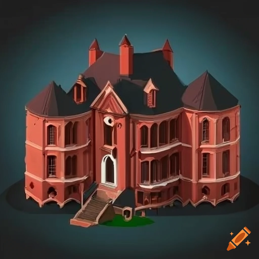 isometric view of a red gothic mansion