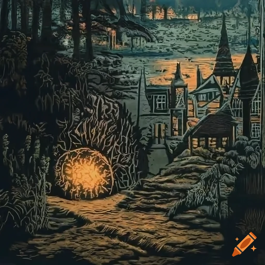 Detailed linocut illustration of a garden at sunrise on Craiyon