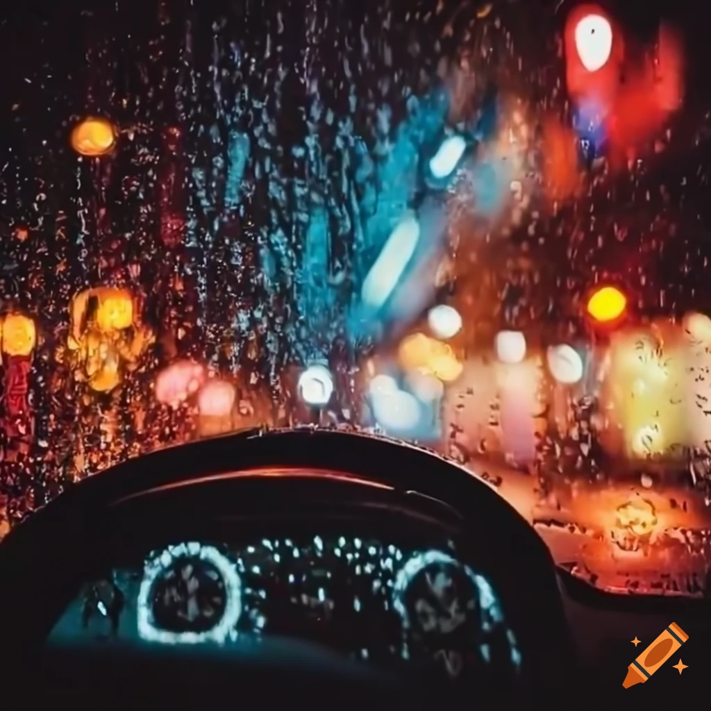 nighttime rain driving through the city streets