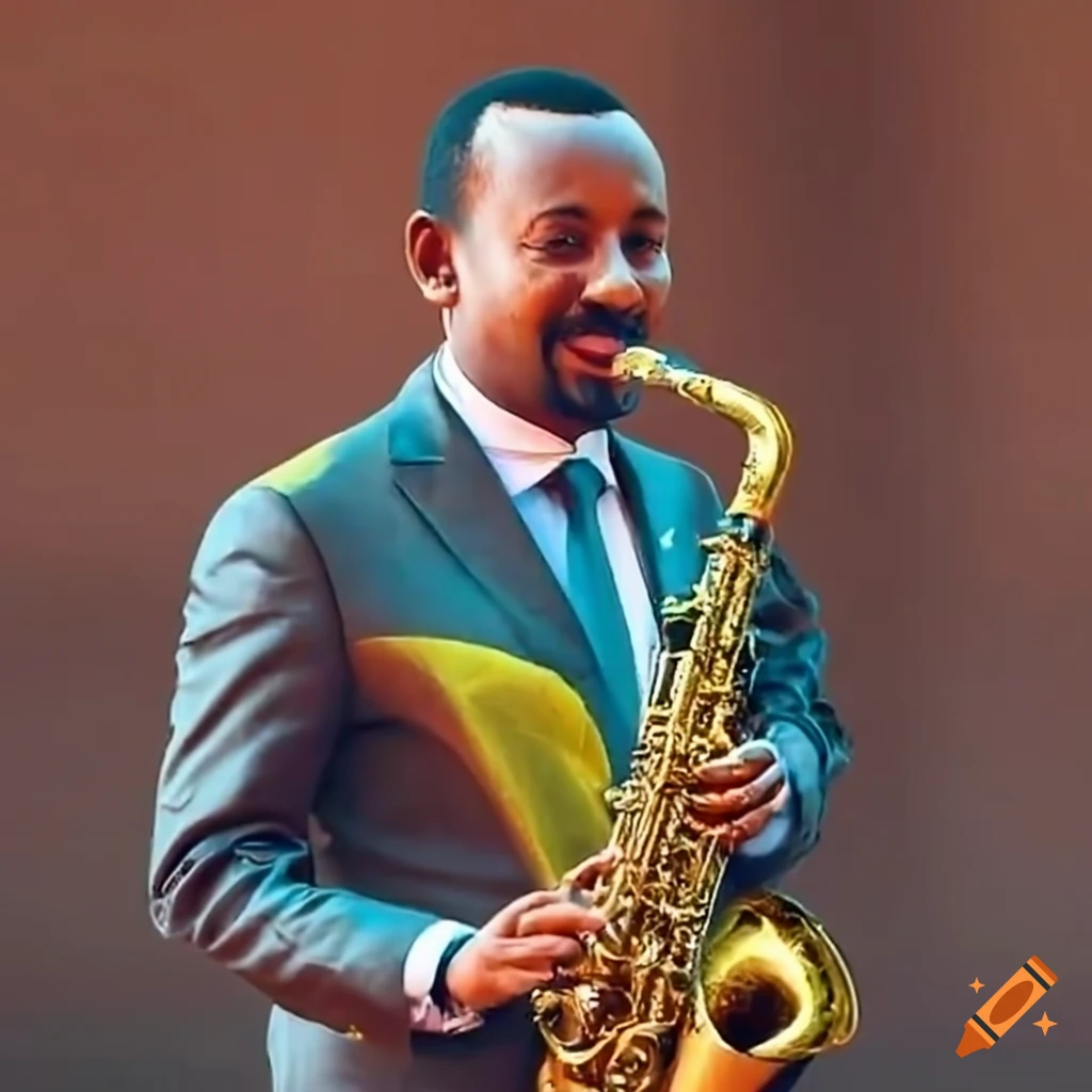 Ethiopian prime minister playing saxophone for a displaced family on