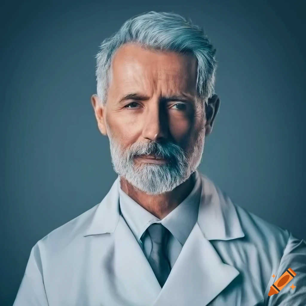 Close-up photo of a mature man in a lab coat on Craiyon