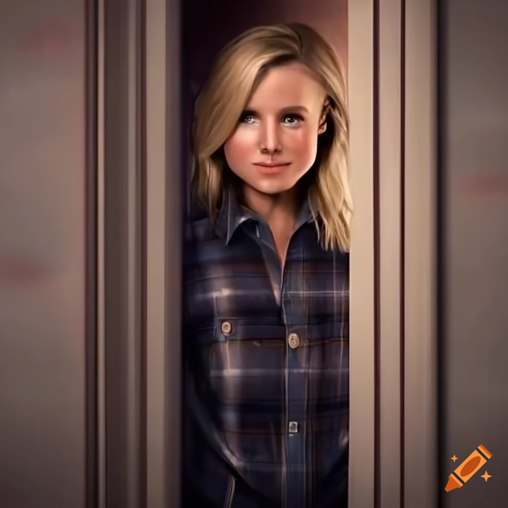 Photorealistic depiction of a young kristen bell in plaid shirt and ...