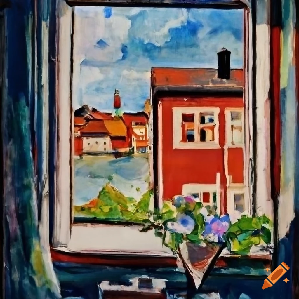 view through a window with flowers and a seaside town