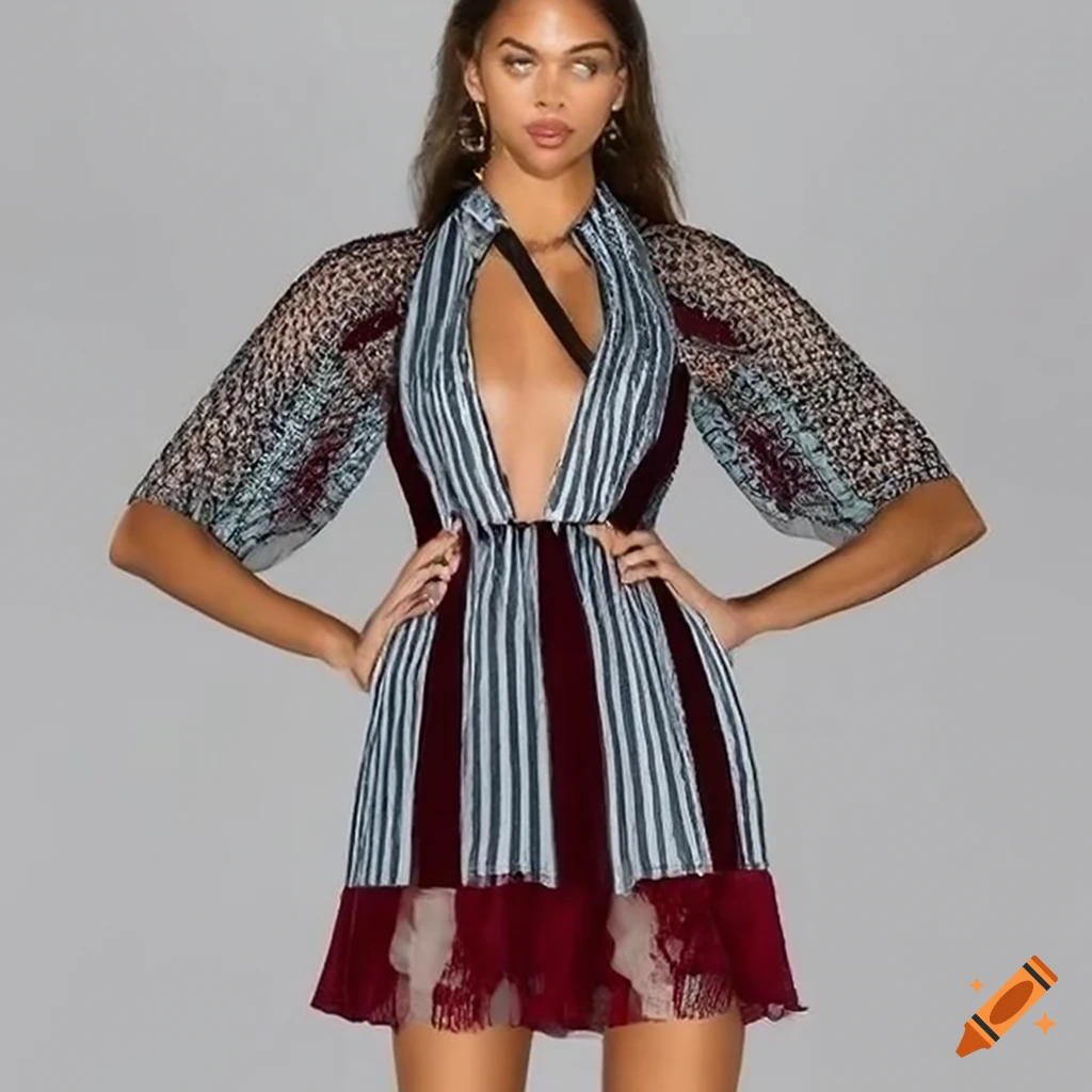 Photorealistic resort '24 revealing mini dress with scoop neckline, defined  waist detail, adjustable back straps and tiered ruffle hem in bold print  containing steel grey, dark garnet and pink blush on Craiyon