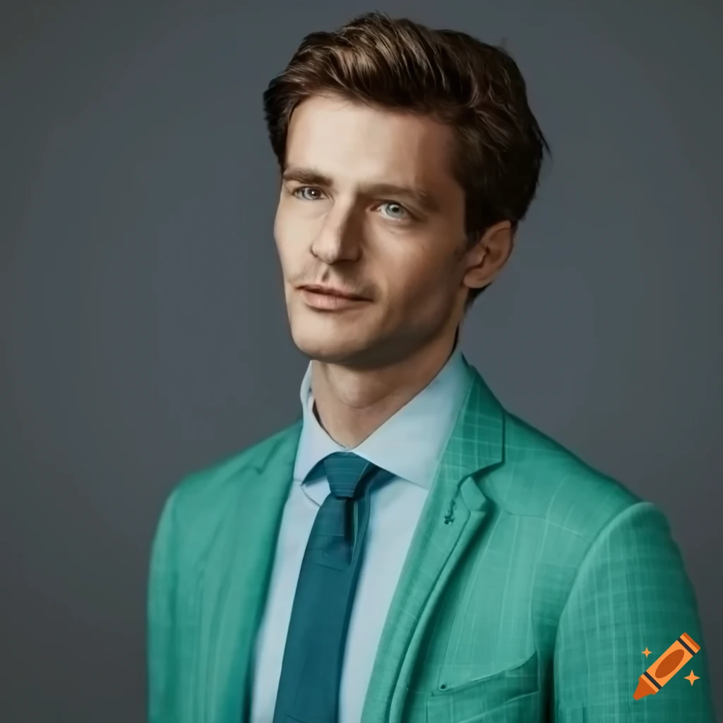 portrait of a confident male politician in a green-blue jacket