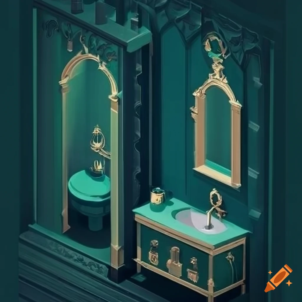 Regency gothic dark blue bathroom interior with dark green accents