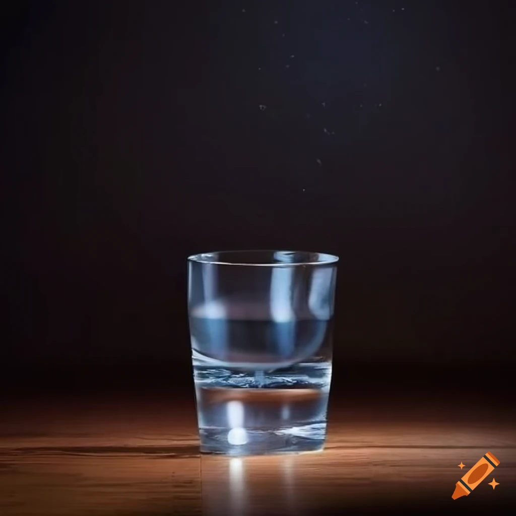 glass of water on a woody table with night sky view