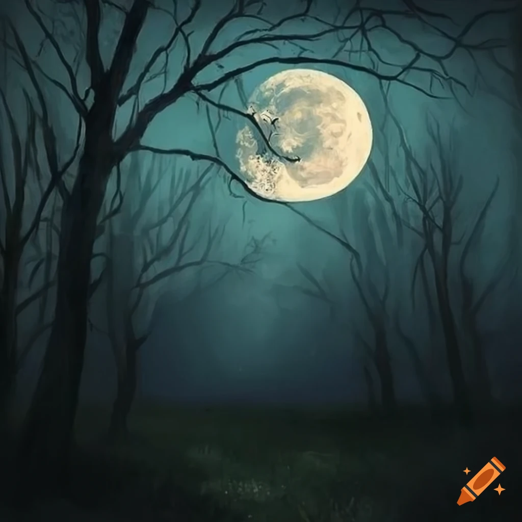 eerie painting of moonlit meadow with dark trees