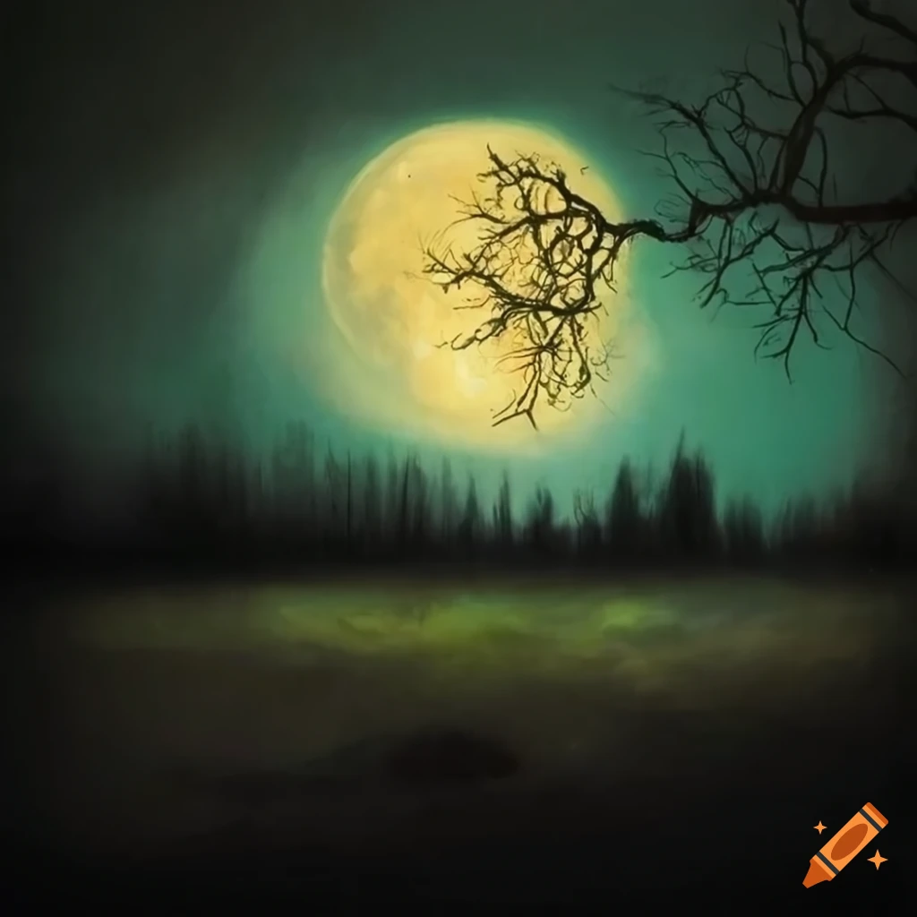 Eerie painting of moon over thorny meadow