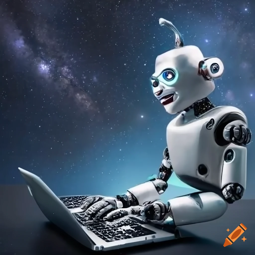copper robot using laptop with milky way in the background