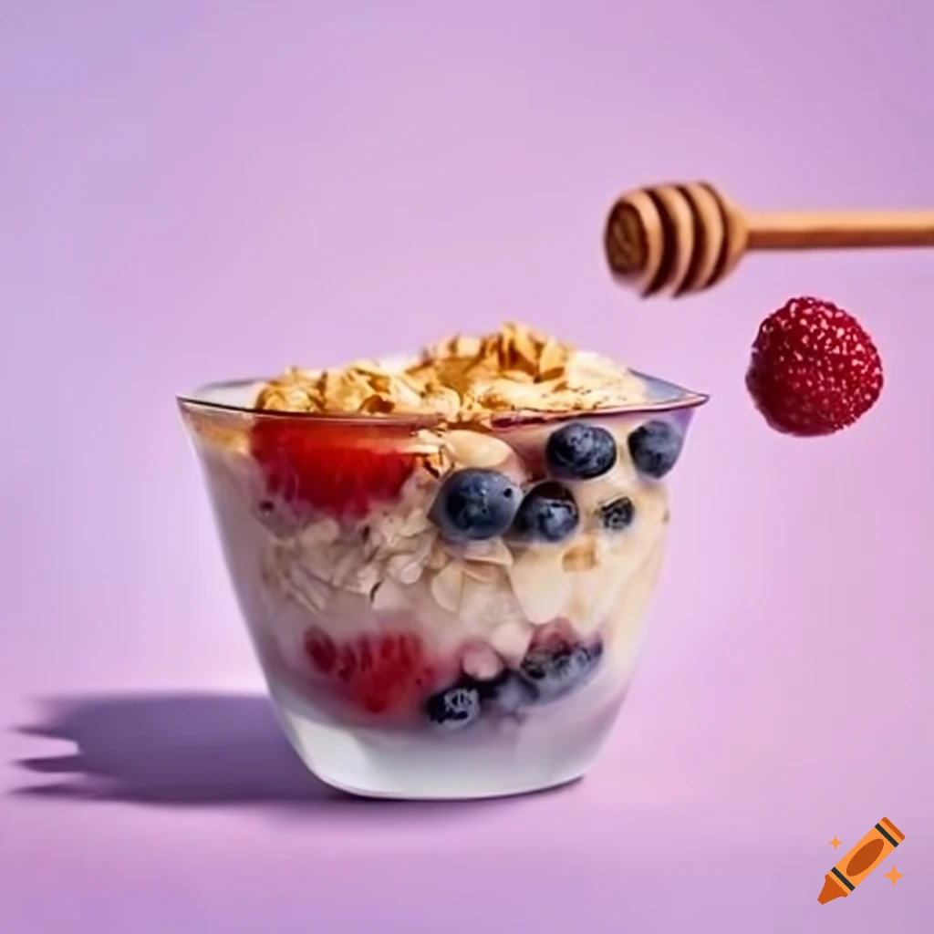 Fruit cup with oatmeal, yogurt, and honey on Craiyon