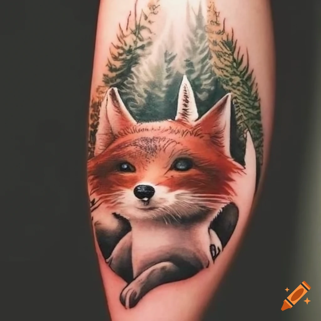 elbow tattoo of two playful foxes in a forest
