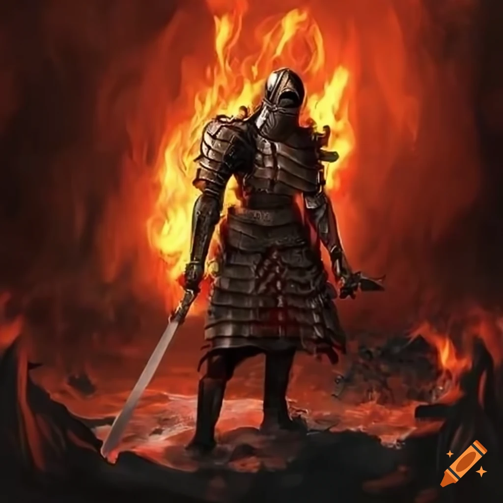 digital art of a steel-armored warrior in a fiery hellscape