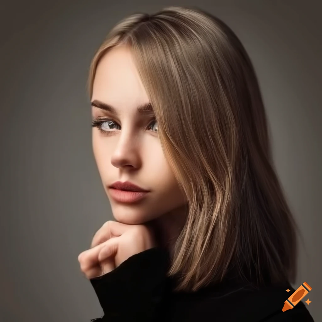 side view of a beautiful woman with light blonde hair and brown eyes